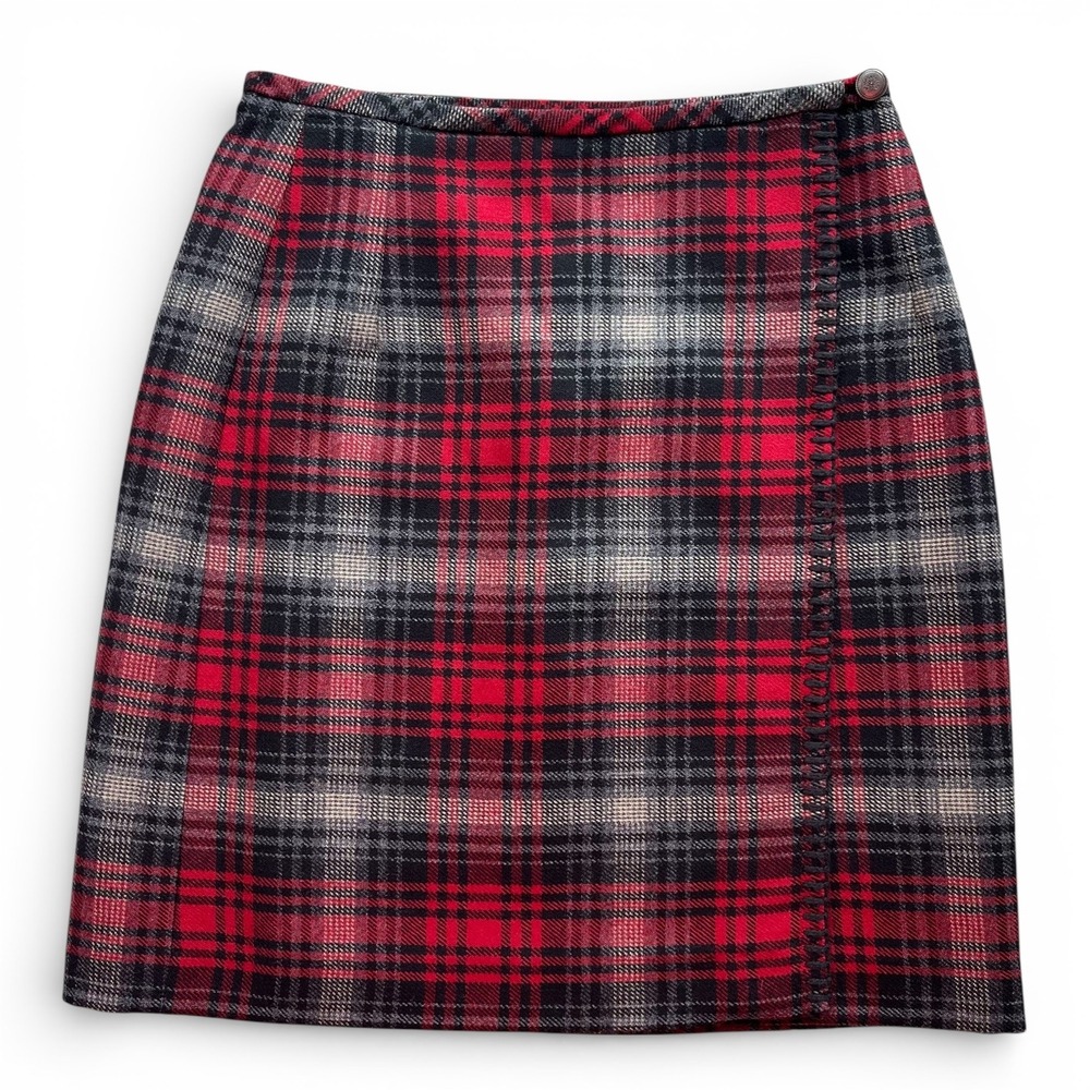 Eddie Bauer 2 Red Blk Plaid 100% Wool Wrap Mini Skirt Blanket Stich Academia VTG